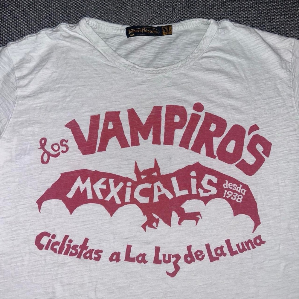 Rare Vintage Johnson Motors Inc. Los Vampiros Mexicalis White Biker T Shirt XL